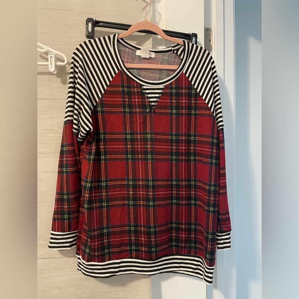 Plaid and Striped Long Sleeve Top-Lovely J